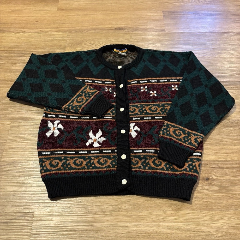 Vintage Bryn Connelly Cardigan Sweater M Italy Wool Blend Argyle Granny Cottage